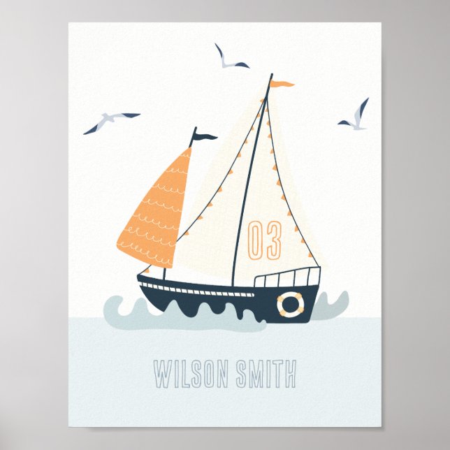 Cute Nautical Blue Sailboat Pastel Kids Nursery  Poster (Front)