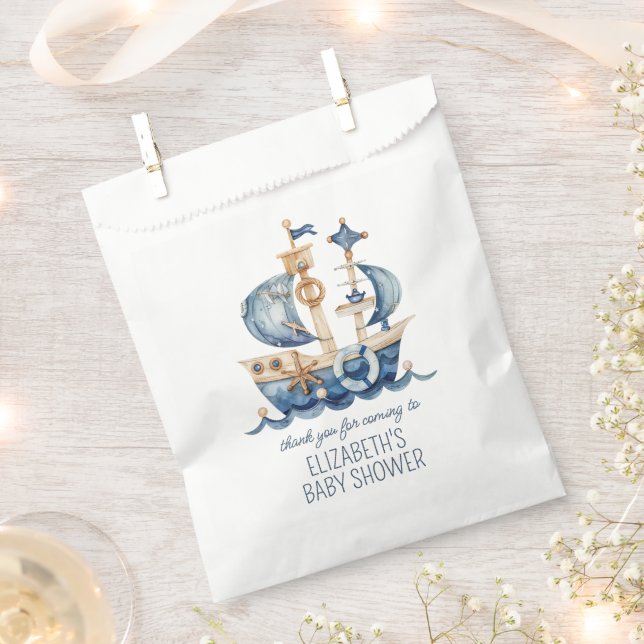 Cute Nautical Blue Sailing Ship Baby Shower Favour Bag (Clipped)