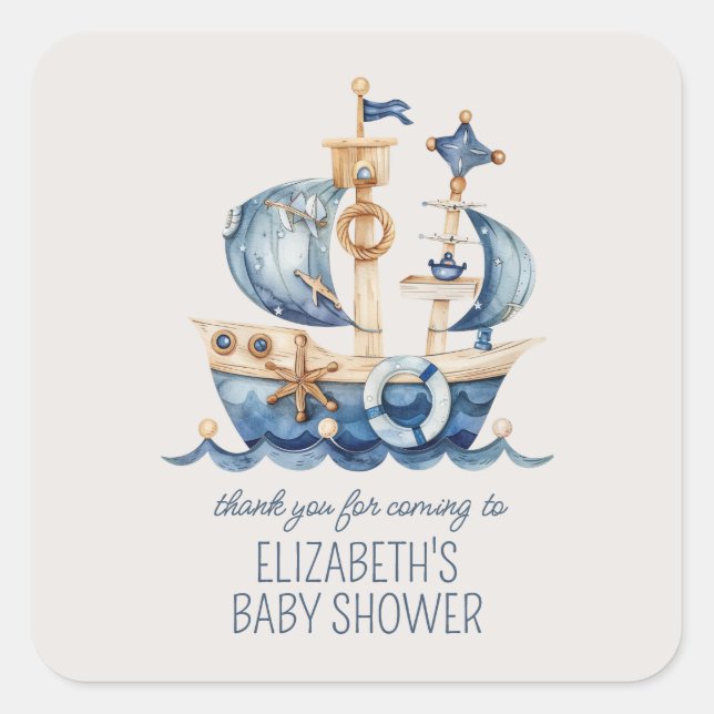 Cute Nautical Blue Sailing Ship Baby Shower Square Sticker (Front)