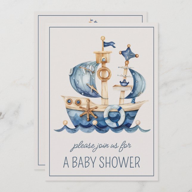 Cute Nautical Blue Sailing Ship Personalised Invitation (Front/Back)