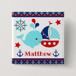 Cute Nautical Blue Whale and Anchors Pattern 15 Cm Square Badge