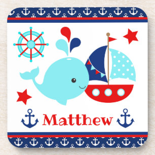 Cute Nautical Blue Whale and Anchors Pattern Coaster