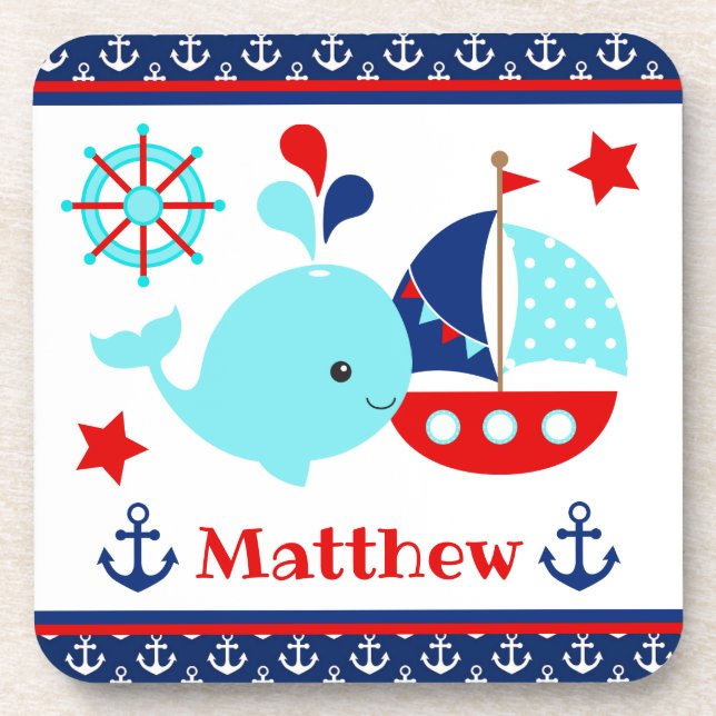 Cute Nautical Blue Whale and Anchors Pattern Coaster (Front)