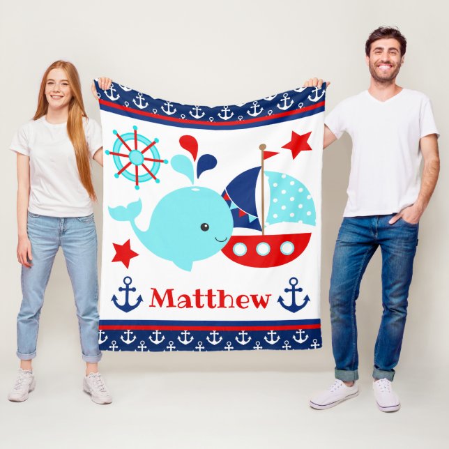 Cute Nautical Blue Whale and Anchors Pattern Fleece Blanket (In Situ)