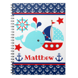 Cute Nautical Blue Whale and Anchors Pattern Notebook