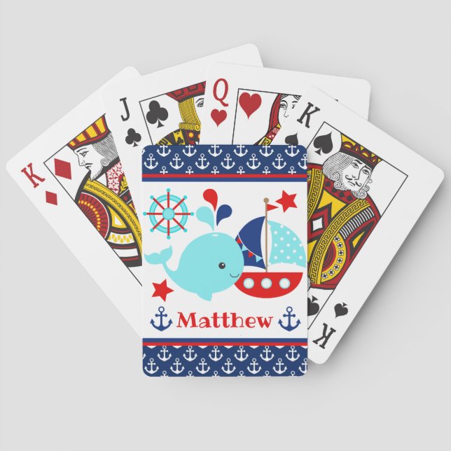 Cute Nautical Blue Whale and Anchors Pattern Playing Cards (Back)