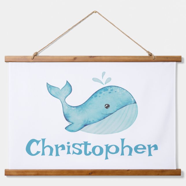 Cute Nautical Blue Whale Personalised Hanging Tapestry (Front)
