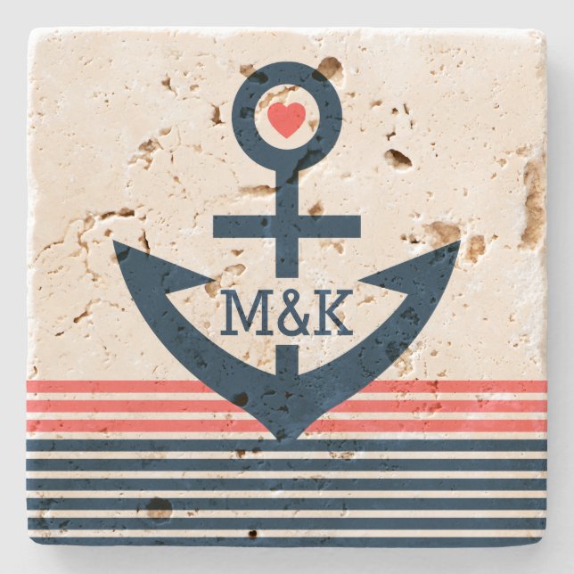 Cute Nautical Boat Anchor &Blue & Coral Stripes Stone Coaster (Front)