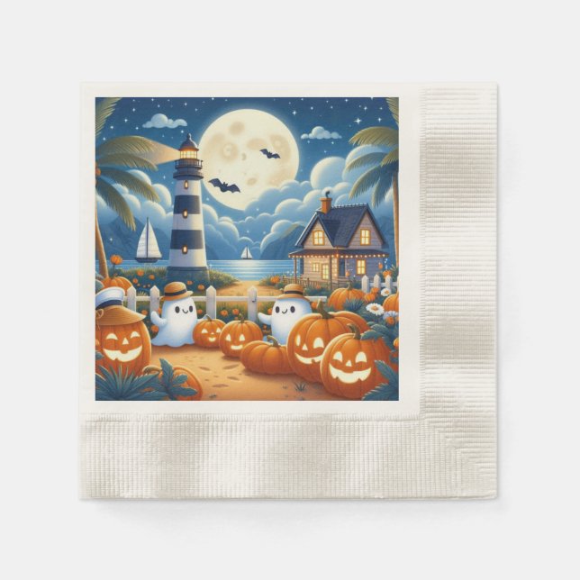 Cute, Nautical/coastal Halloween ghost/pumpkins Napkin (Front)