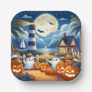 Cute, Nautical/coastal Halloween ghost/pumpkins Paper Plate