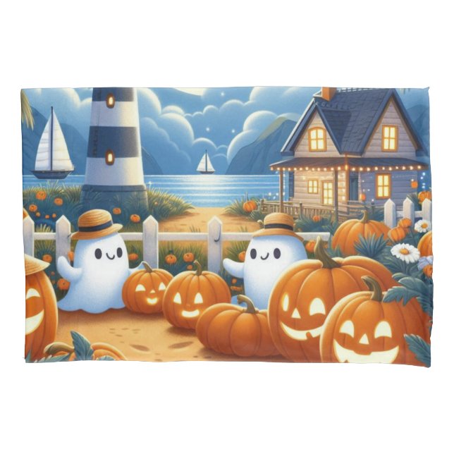 Cute, Nautical/coastal Halloween ghost/pumpkins Pillowcase (Front)