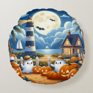 Cute, Nautical/coastal Halloween ghost/pumpkins Round Cushion
