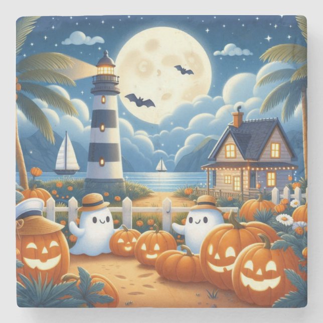 Cute, Nautical/coastal Halloween ghost/pumpkins Stone Coaster (Front)