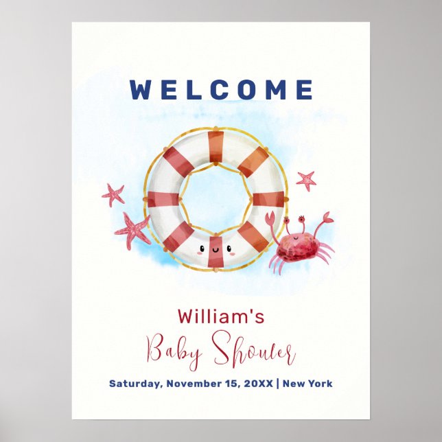 Cute Nautical Crab Starfish Baby Shower Welcome  Poster (Front)