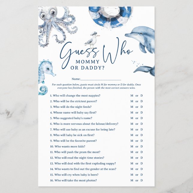 Cute Nautical 'Guess Who' Baby Shower Game Flyer (Front)
