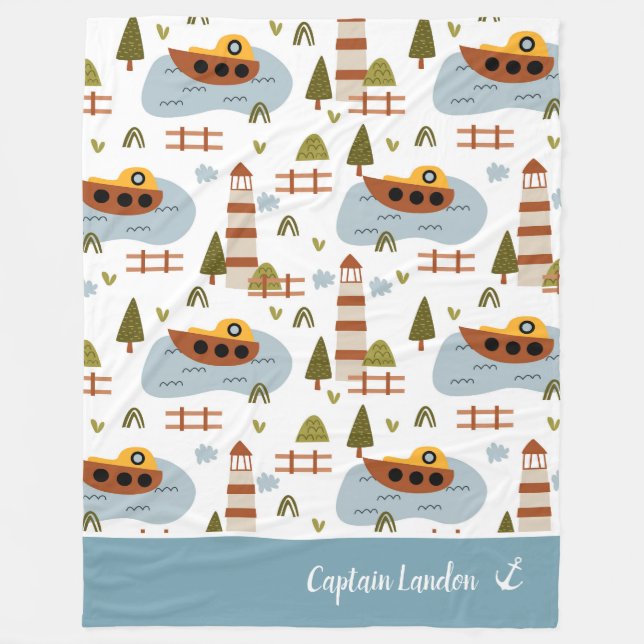 Cute Nautical Lighthouse and Boat Kid Pattern Fleece Blanket (Front)