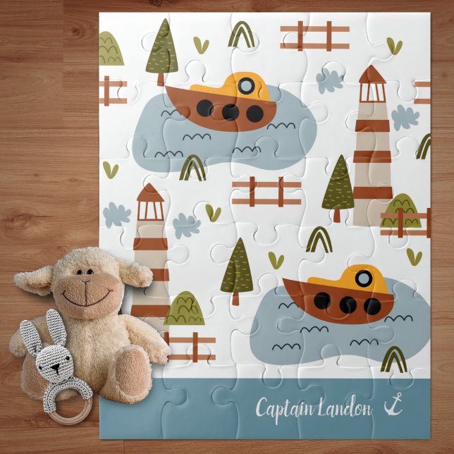 Cute Nautical Lighthouse and Boat Kid Pattern Jigsaw Puzzle (Creator Uploaded)