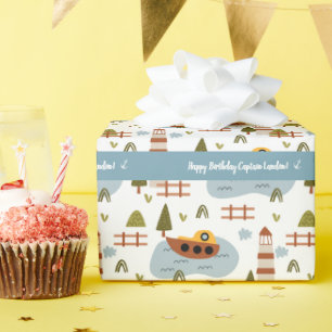 Cute Nautical Lighthouse and Boat Kid Pattern Wrapping Paper