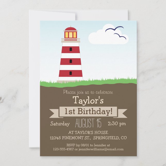 Cute Nautical Lighthouse Kid's Birthday Party Invitation (Front)