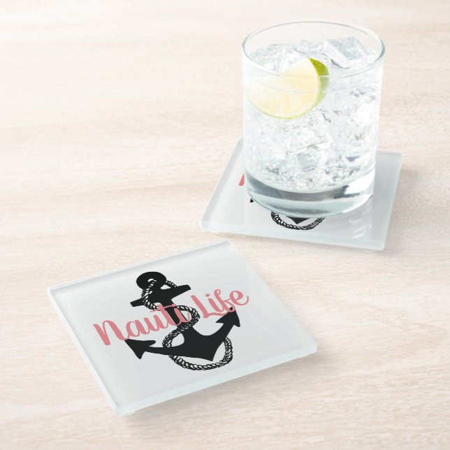 cute, nautical NAUTI LIFE script + anchor | Glass Coaster (Angled)