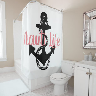 cute, nautical NAUTI LIFE script + anchor   Shower Curtain