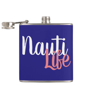 cute, nautical NAUTI LIFE script on navy blue   Hip Flask