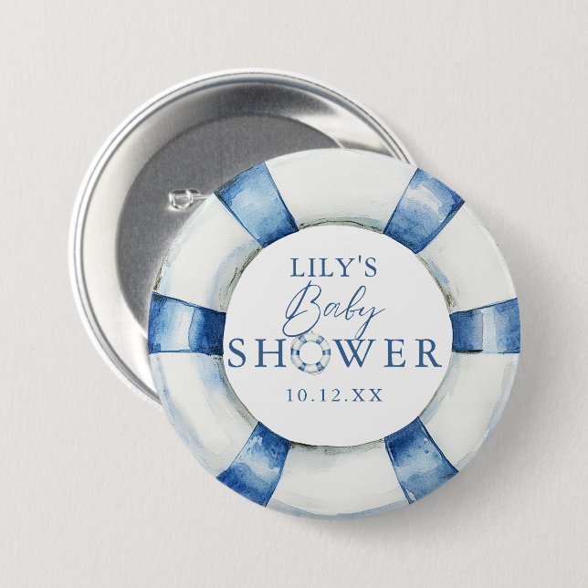 Cute Nautical Ocean Lifebuoy Baby Shower Favour 7.5 Cm Round Badge (Front & Back)