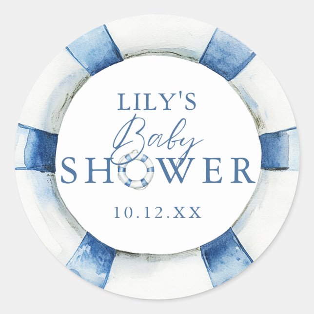 Cute Nautical Ocean Lifebuoy Baby Shower Favour Classic Round Sticker (Front)