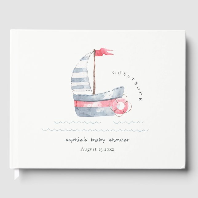 Cute Nautical Pastel Red Blue Sailboat Baby Shower Guest Book (Front)