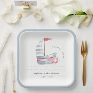Cute Nautical Pastel Red Blue Sailboat Baby Shower Paper Plate