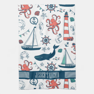 Cute Nautical Pattern White Background Tea Towel