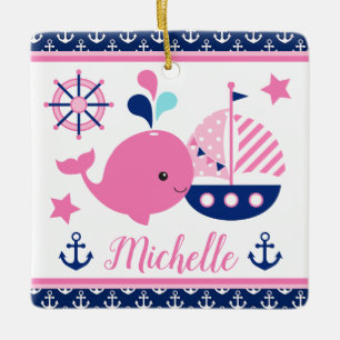 Cute Nautical Pink Whale and Anchors Pattern Ceramic Ornament