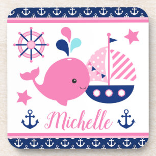 Cute Nautical Pink Whale and Anchors Pattern Coaster