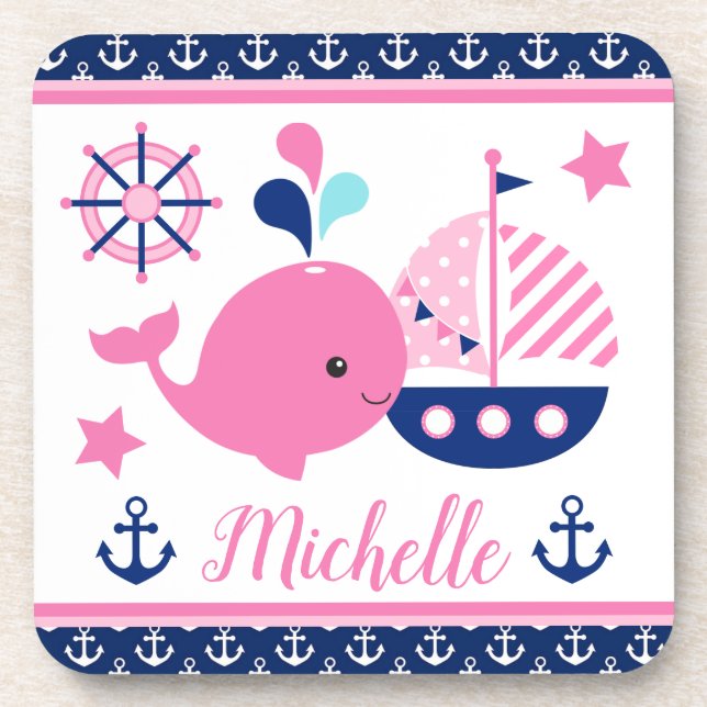 Cute Nautical Pink Whale and Anchors Pattern Coaster (Front)