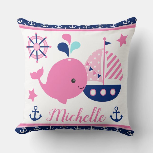 Cute Nautical Pink Whale and Anchors Pattern Cushion (Front)