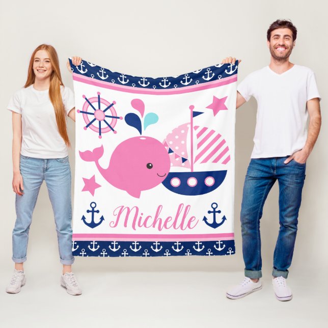 Cute Nautical Pink Whale and Anchors Pattern Fleece Blanket (In Situ)