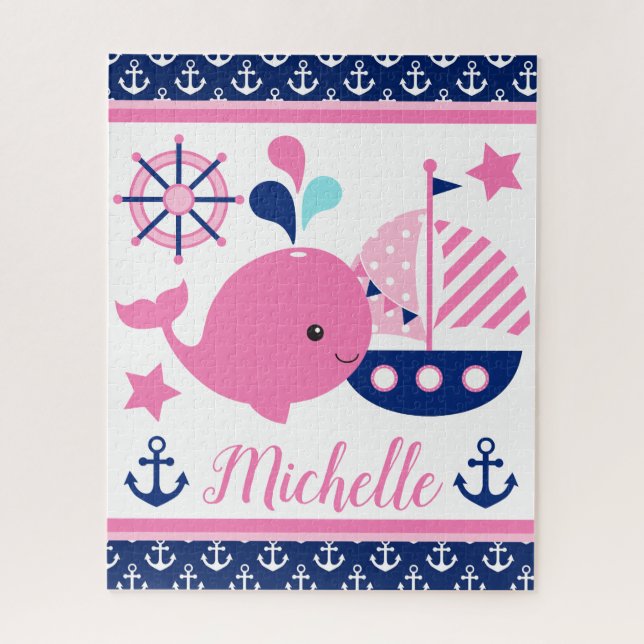 Cute Nautical Pink Whale and Anchors Pattern Jigsaw Puzzle (Vertical)