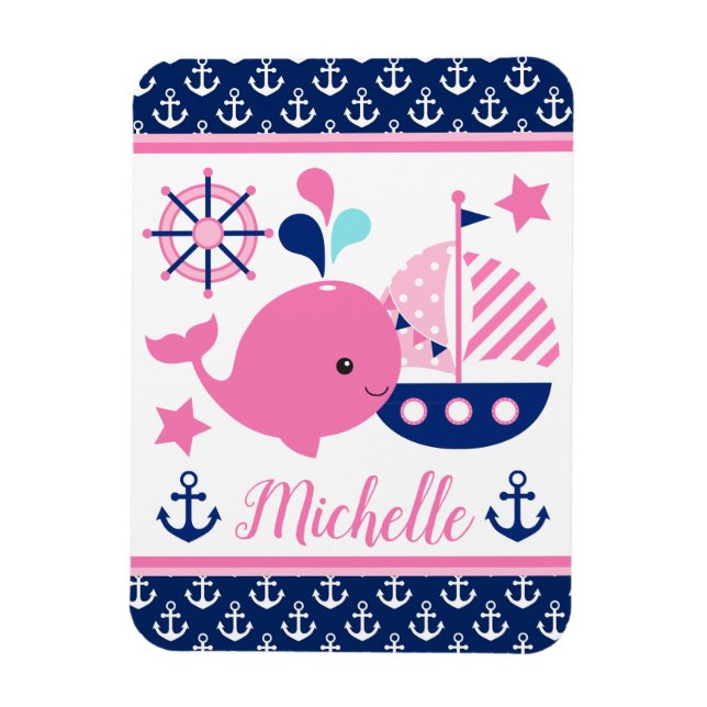 Cute Nautical Pink Whale and Anchors Pattern Magnet (Vertical)