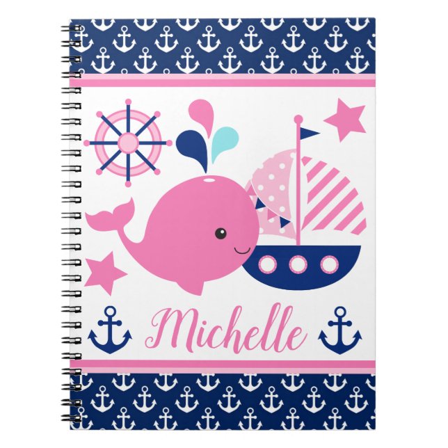 Cute Nautical Pink Whale and Anchors Pattern Notebook (Front)