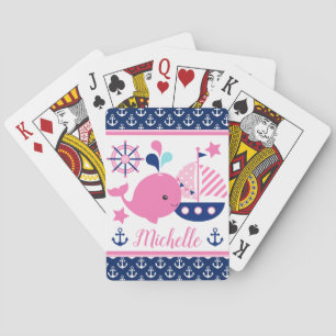 Cute Nautical Pink Whale and Anchors Pattern Playing Cards