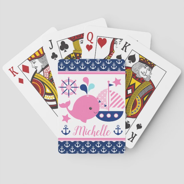 Cute Nautical Pink Whale and Anchors Pattern Playing Cards (Back)