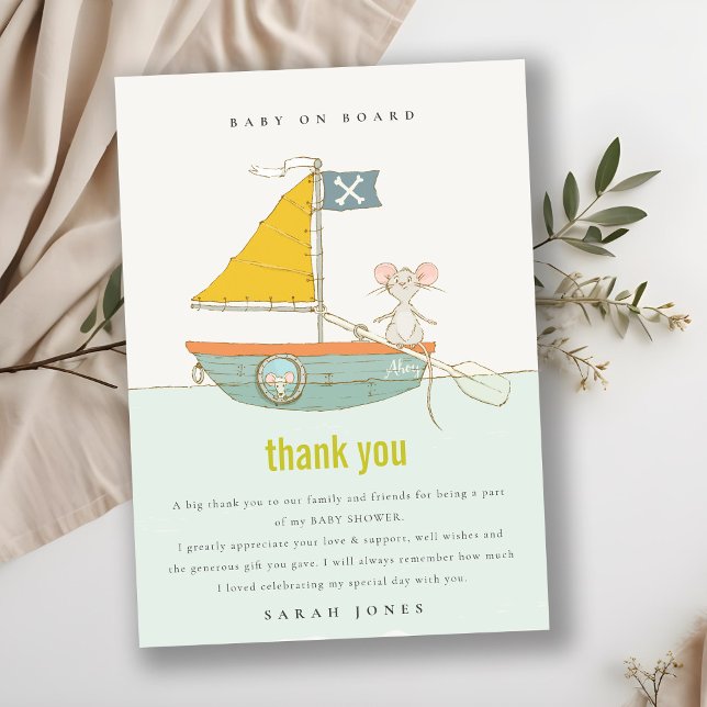 Cute Nautical Pirate Mouse Sailboat Baby Shower Thank You Card (Creator Uploaded)