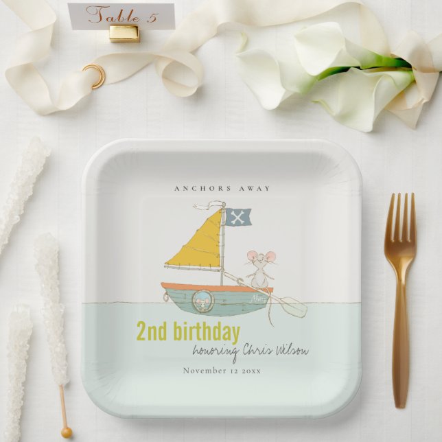 Cute Nautical Pirate Sailboat Any Age Birthday Paper Plate (Wedding)