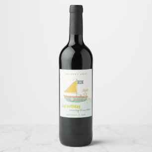 Cute Nautical Pirate Sailboat Any Age Birthday Wine Label