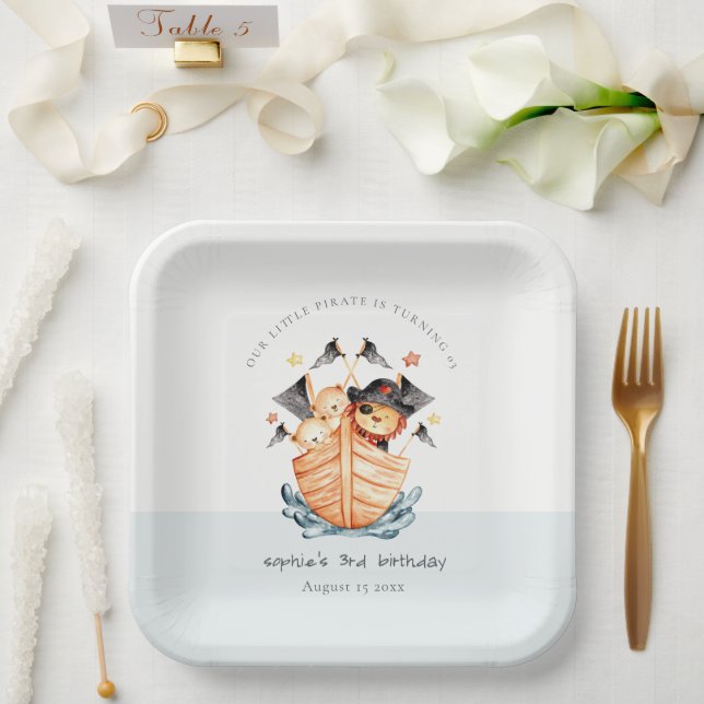 Cute Nautical Pirate Ship Lion Cub Kids Birthday Paper Plate (Wedding)