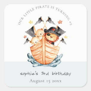 Cute Nautical Pirate Ship Lion Cub Kids Birthday Square Sticker