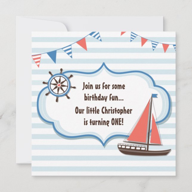 Cute Nautical Sailboat Boys 1st Birthday Invite (Front)