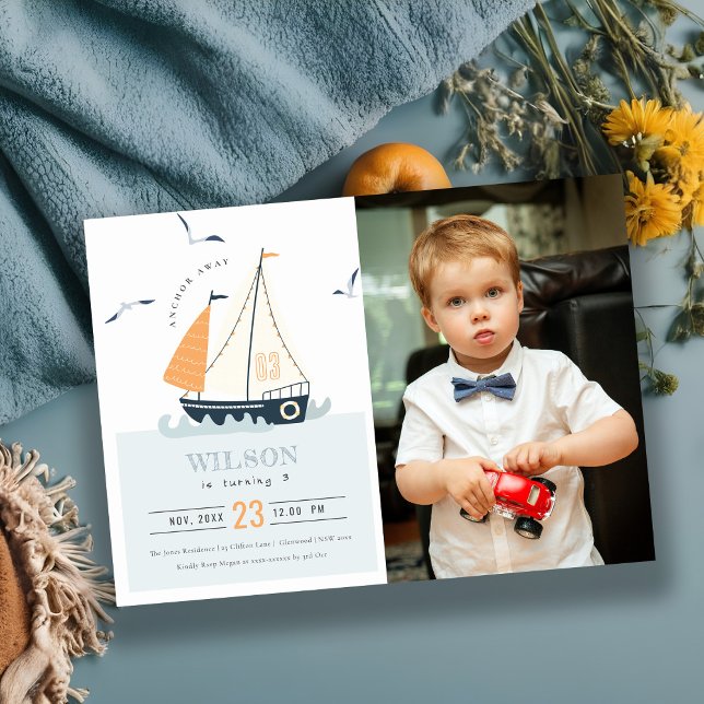 Cute Nautical Sailboat Kids Photo Birthday Invite (Creator Uploaded)