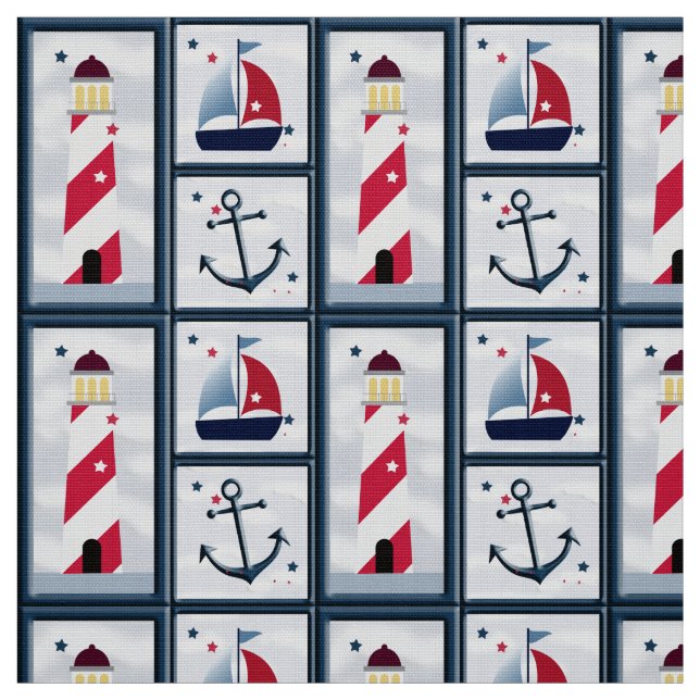 Cute Nautical Sailboat, Lighthouse, Anchor Craft Fabric (Swatch)