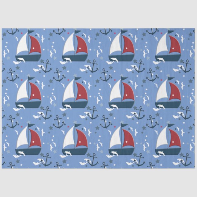 Cute Nautical Sailboat Pattern Decoupage Tissue Paper (Front)